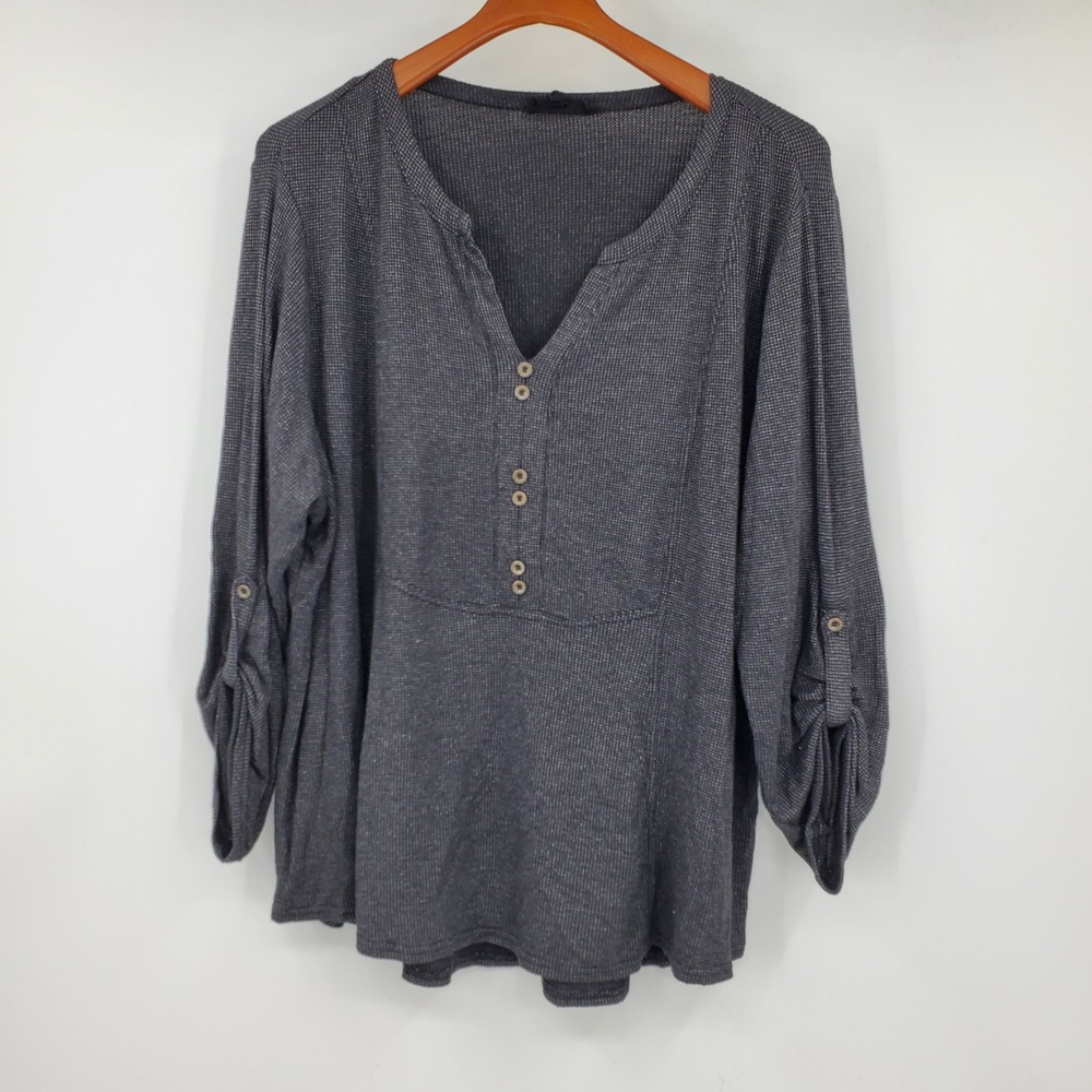 Jane + Delancey 2X Charcoal Grey Waffle Knit Roll Tab Sleeve Henley Top Shirt